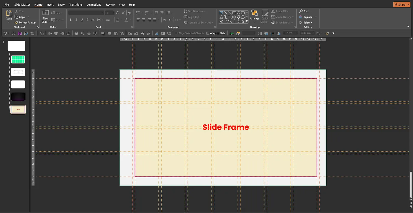 Exemplo de moldura de slide e sistema de grelha